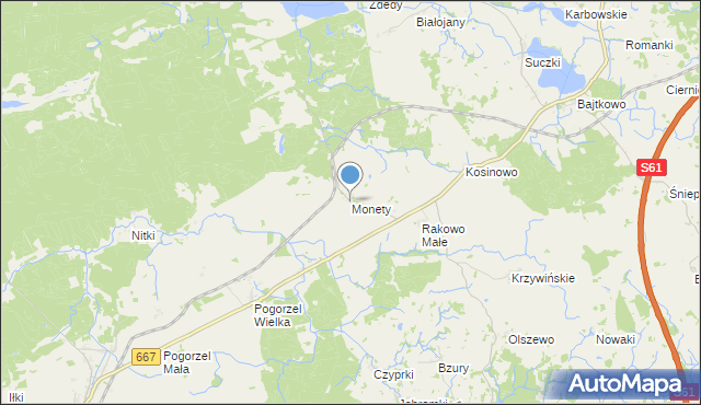 mapa Monety, Monety gmina Biała Piska na mapie Targeo